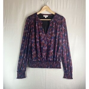 Evereve Blouse M Women Smocked Floral Long Sleeve Boho Peasant Top Multicolor